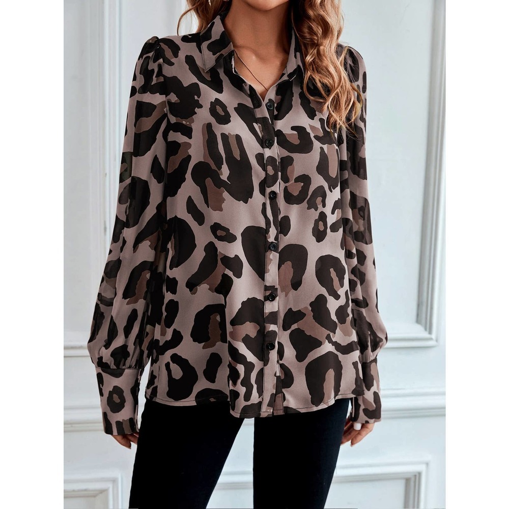 long sleeve Leopard Print Bishop Sleeve Chiffon Shirt tan - Picture 9 of 11